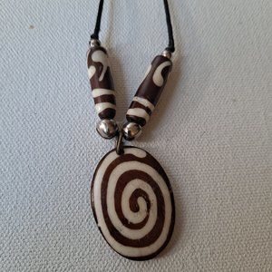 Brown and White Spiral Bone Beaded Pendant Necklace